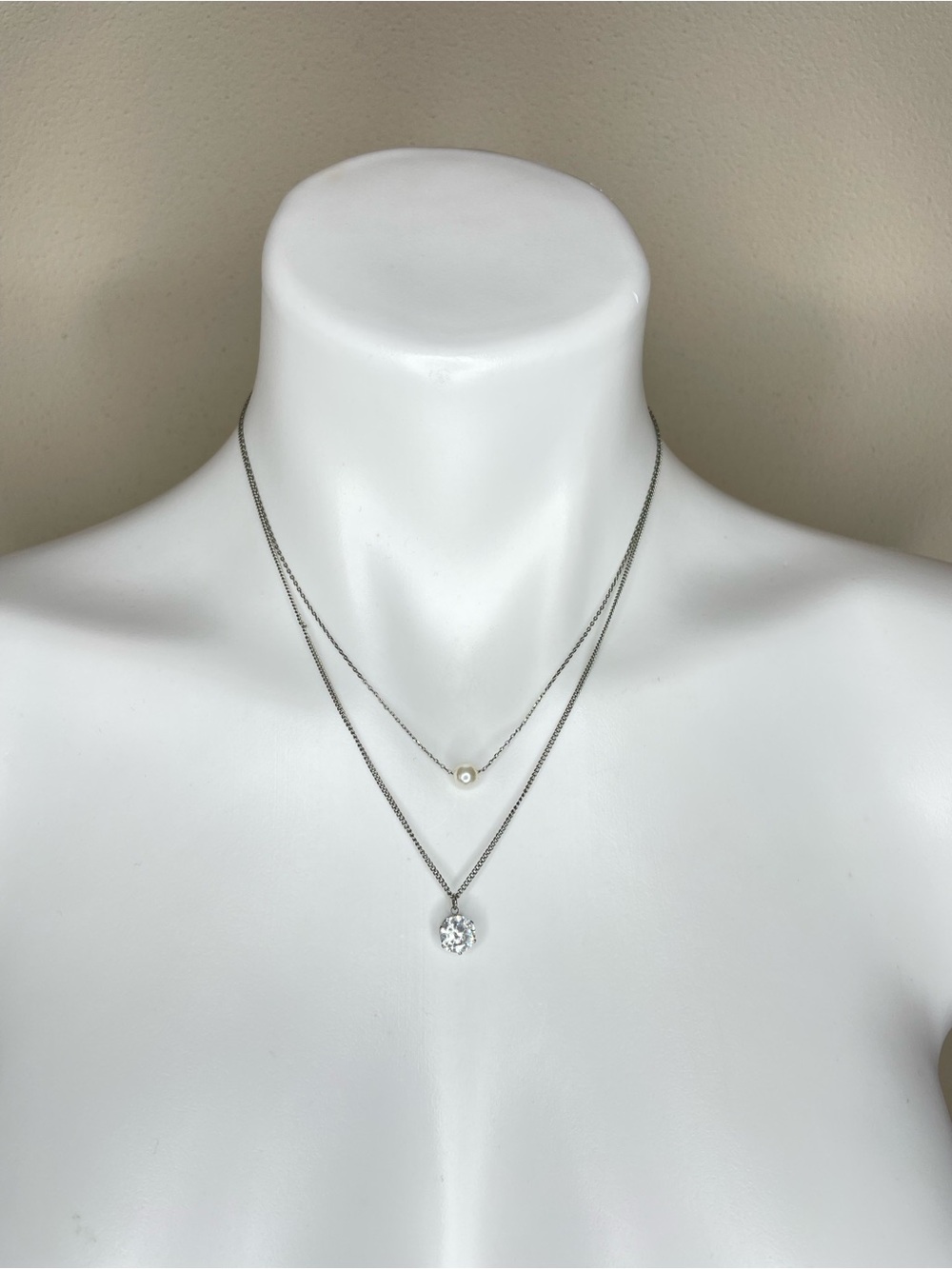 Silver Layered Necklace Set with Pearl and Crystal Pendant